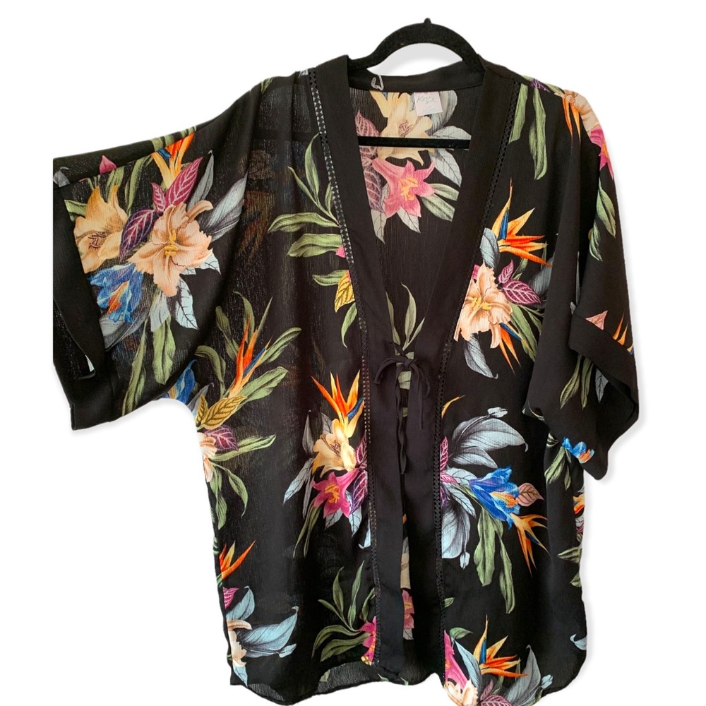 Black floral Hawaiian shortsleeve sun beach pool swimsuit wrap cardigan L/XL